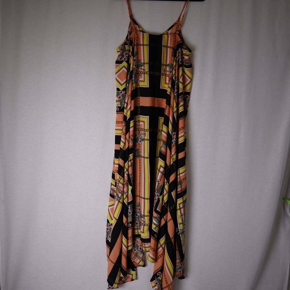 Nanette Lepore Womens Scarf Print Handkerchief Hem Midi Dress Orange Black Sz 10 - Picture 5 of 6